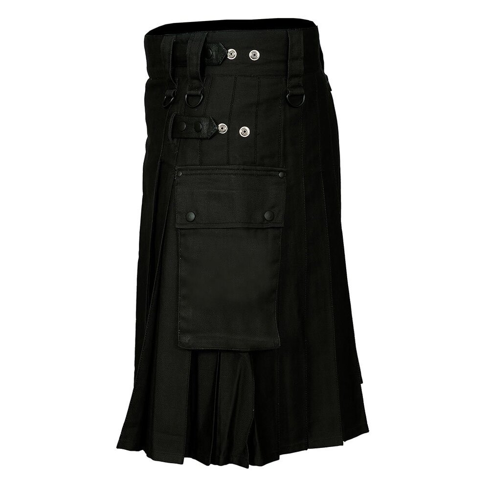 Men's Black Scottish Kilt  Cotton Utility Kilt Adjustable Leather Straps Size 48